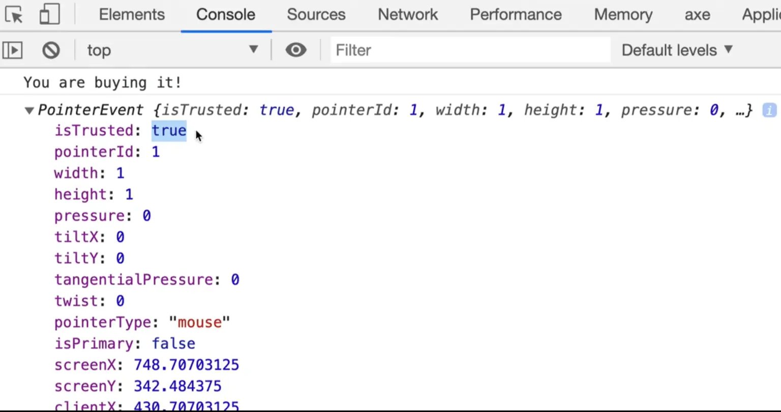browser console output showing expanded pointerEvent