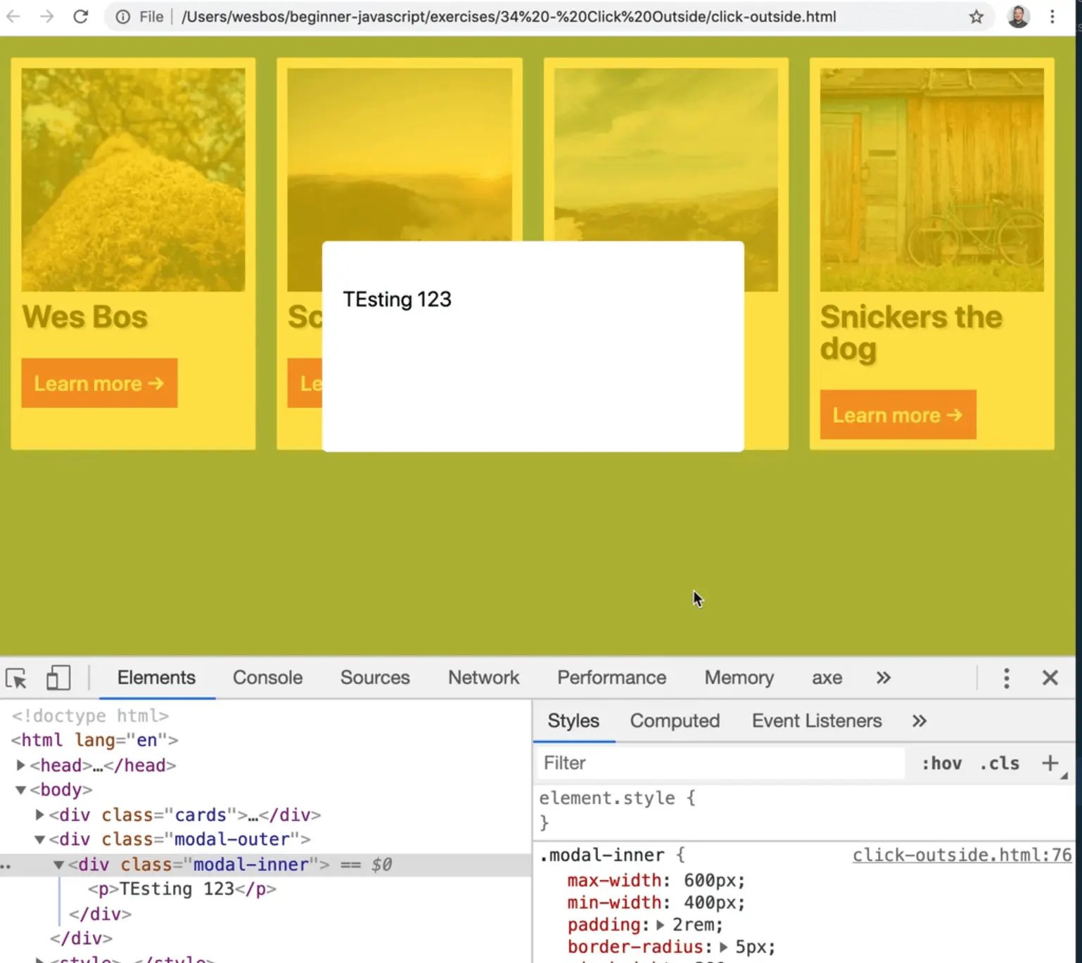 inspecting modal in dev tools