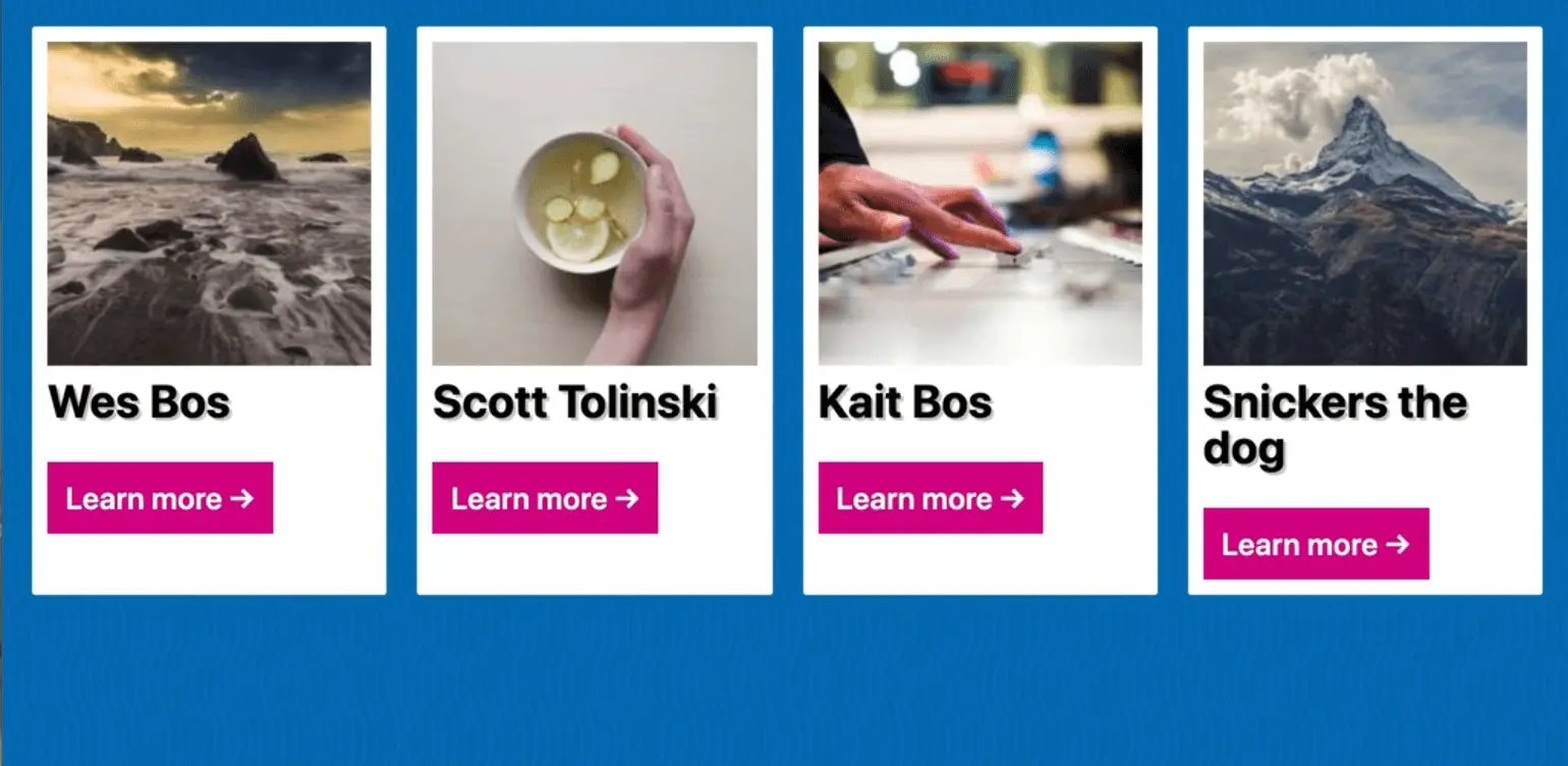 HTML page showing four columns card