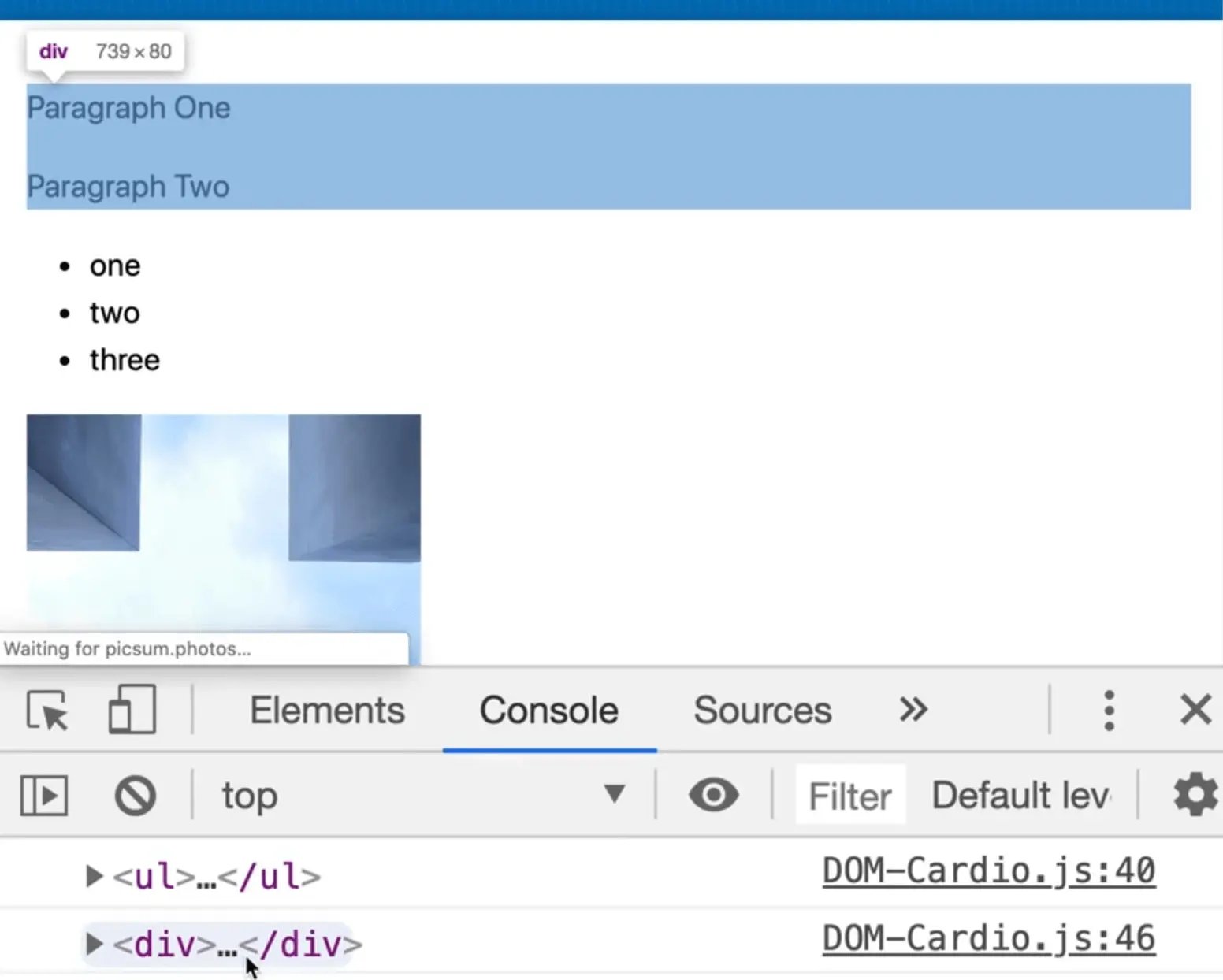 rendered page with dom elements being highlighted because they are selected in the browser console