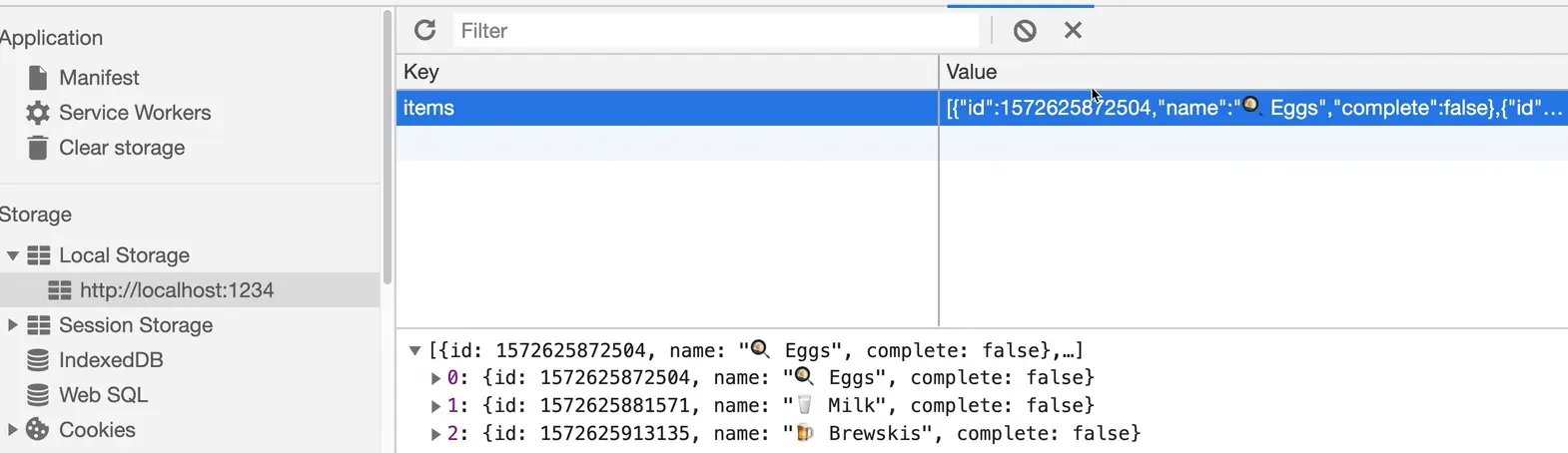 items stored in localStorage