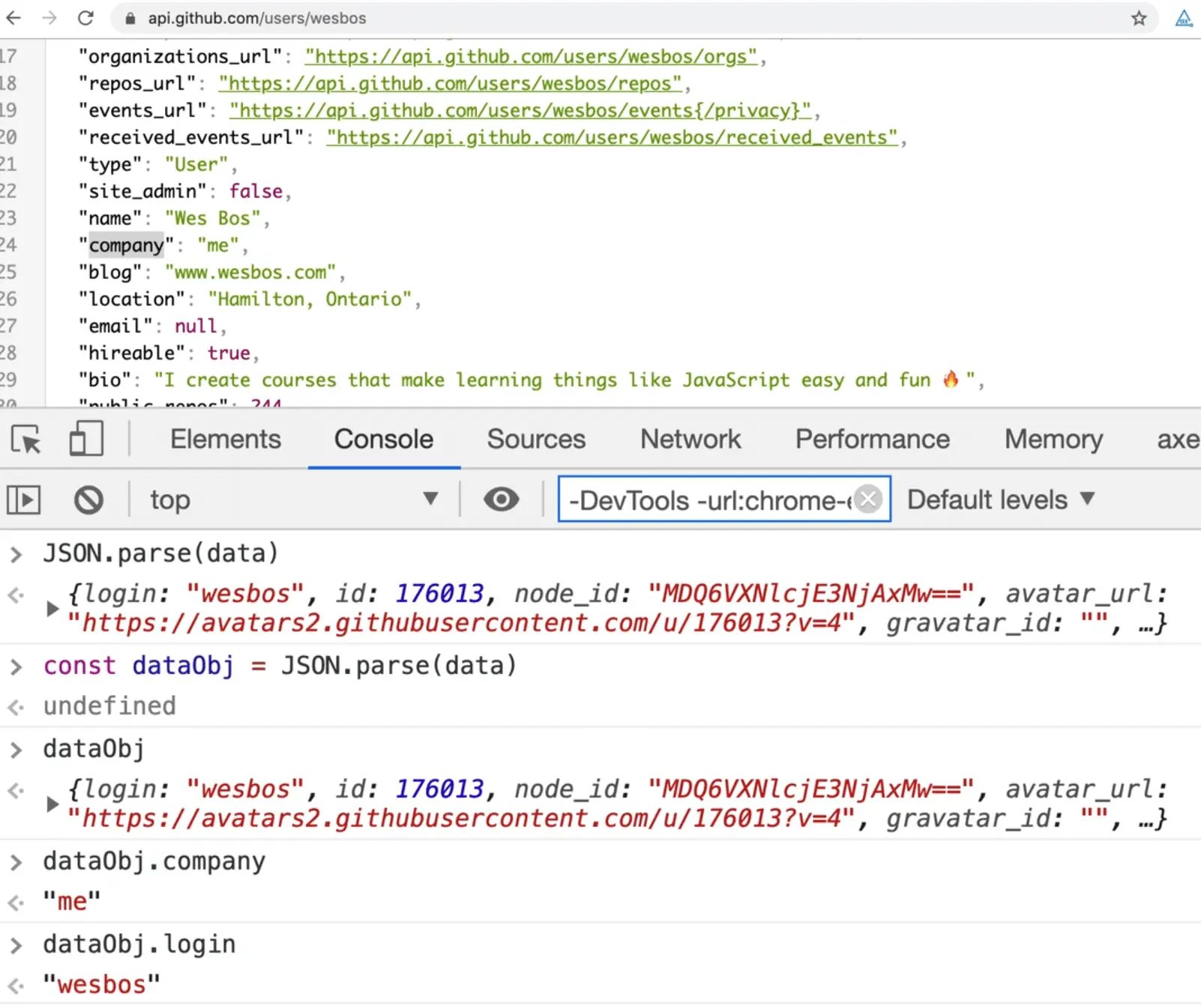 browser output showing accesing JSON object properties
