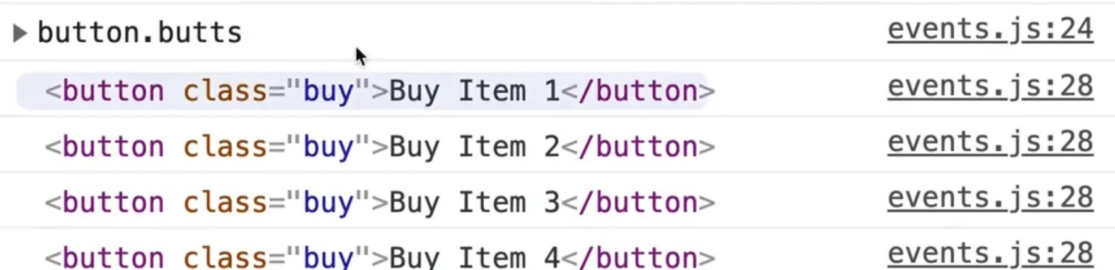 browser console output showing all the buttons