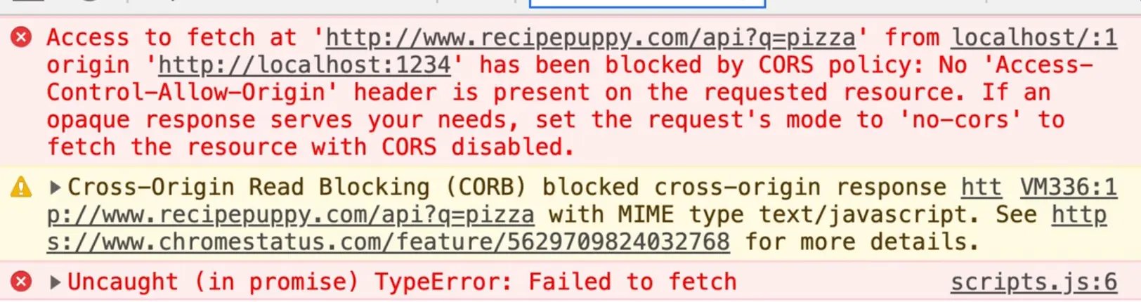browser console showing CORS Policy error