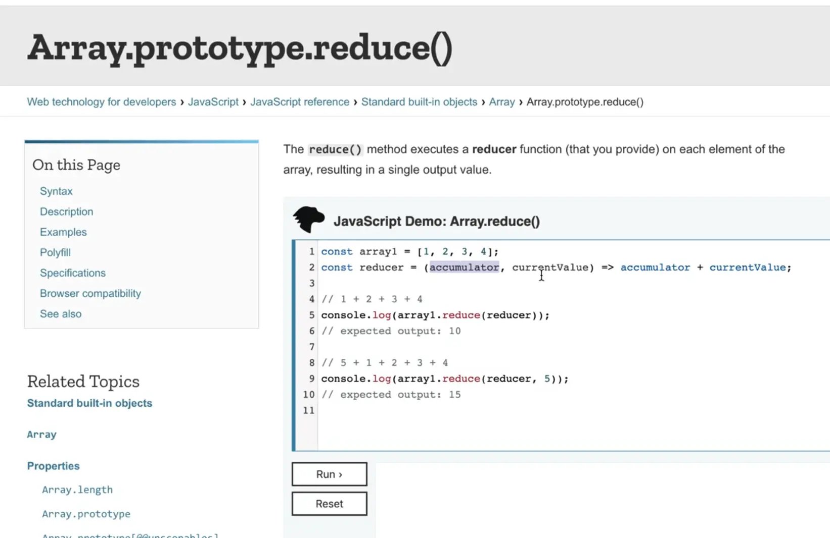 mozilla developer network (mdn) for the array reduce method