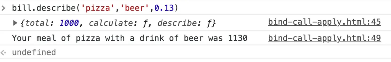 calling describe method of the bill object in console