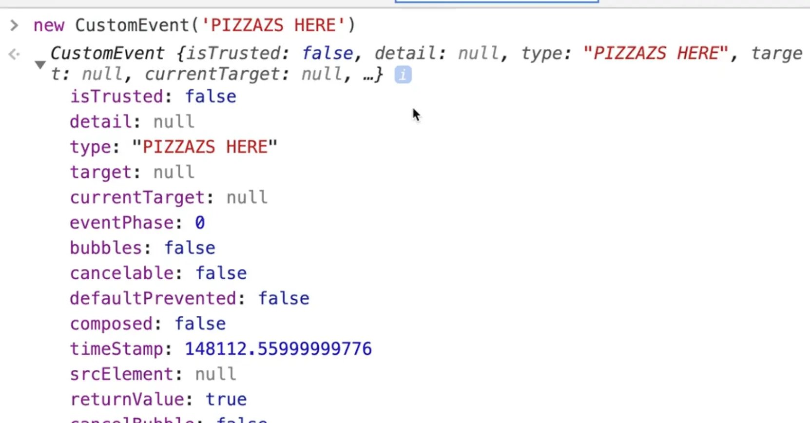 running the custom event using new CustomEvent('PIZZAS HERE')