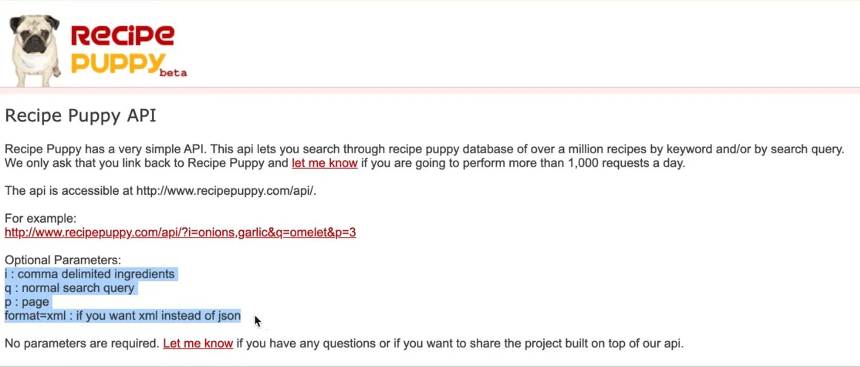 a list of query params available on recipepuppy api endpoint