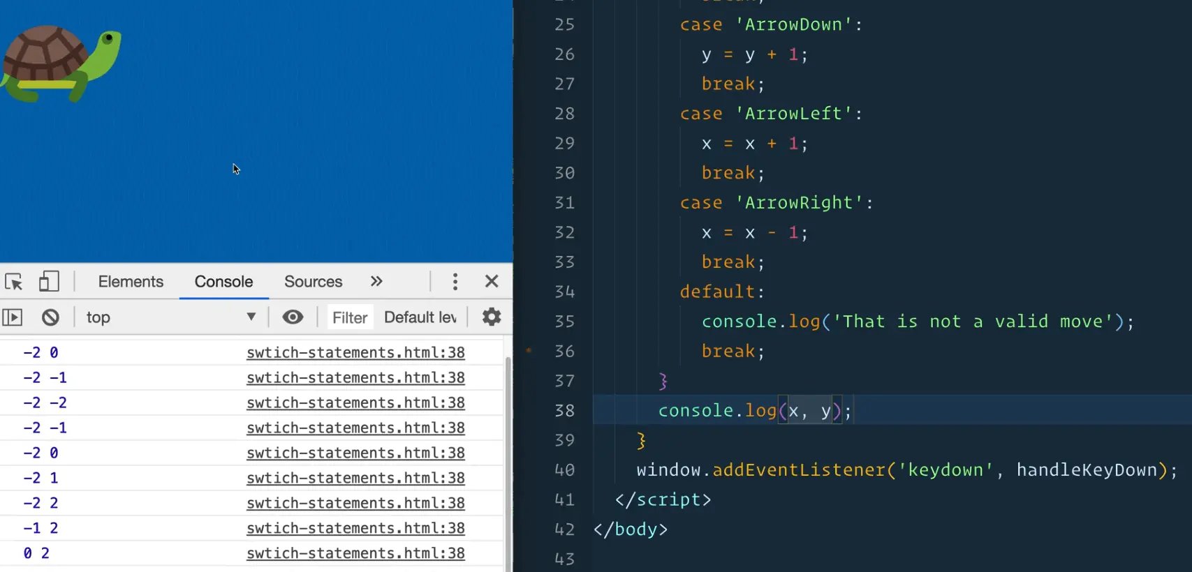 rendered page showing a turtle and browser console showing outputs of key pressing events