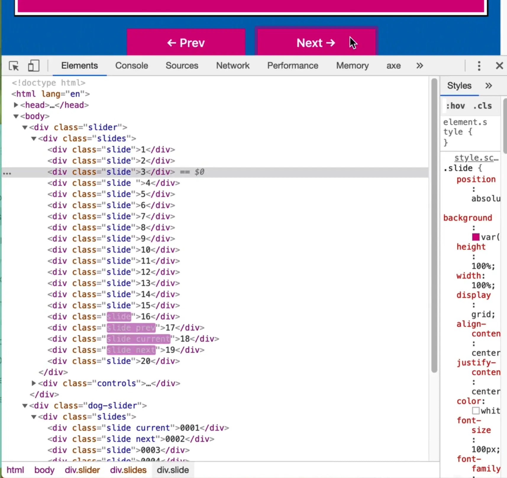 changing slides on the click on previous or next button
