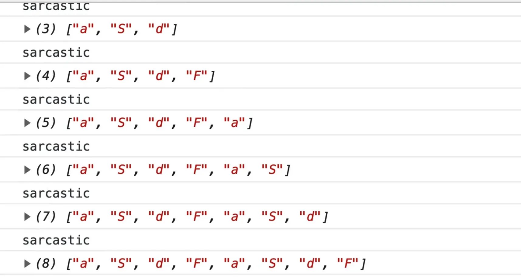 console log of characters typed