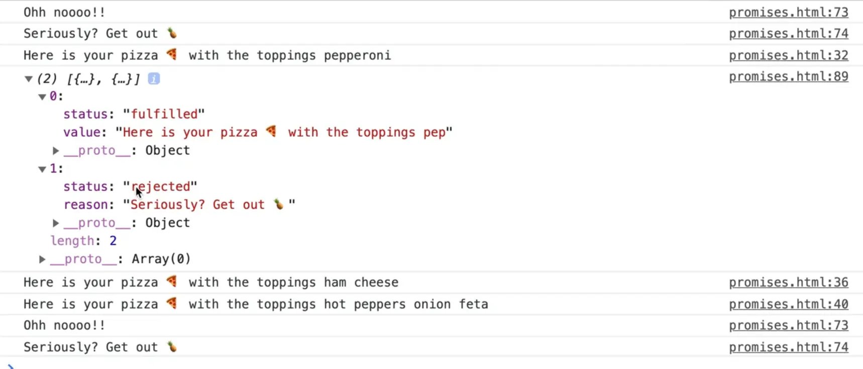 output of promise as first one fulfilled, second one rejected using Promise.allSettled()