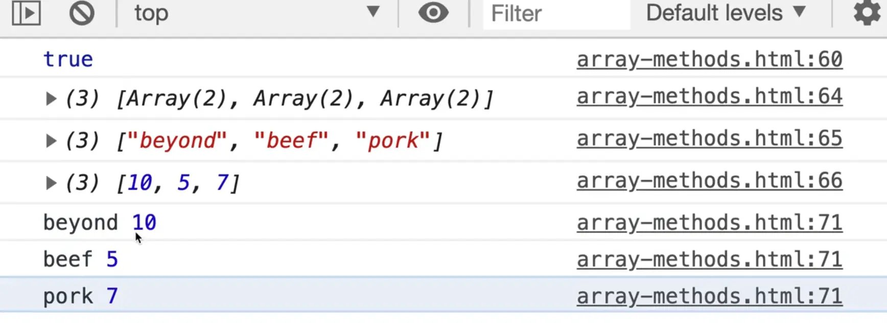 browser console showing console.log of key value pair on split variable