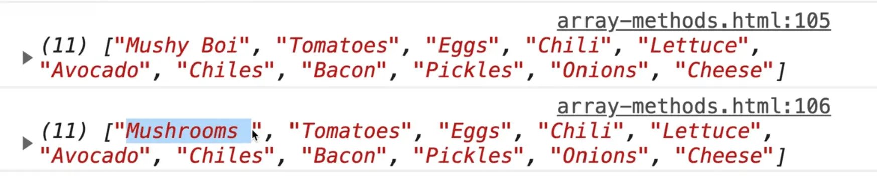browser console showing toppingsCopy is a true copy with unmutated first element