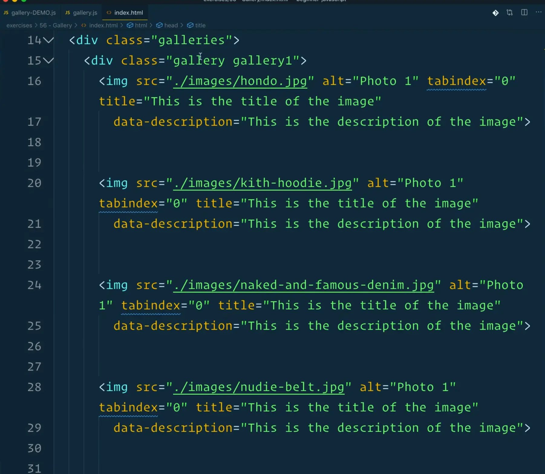 html structure for the gallery with bunch of images