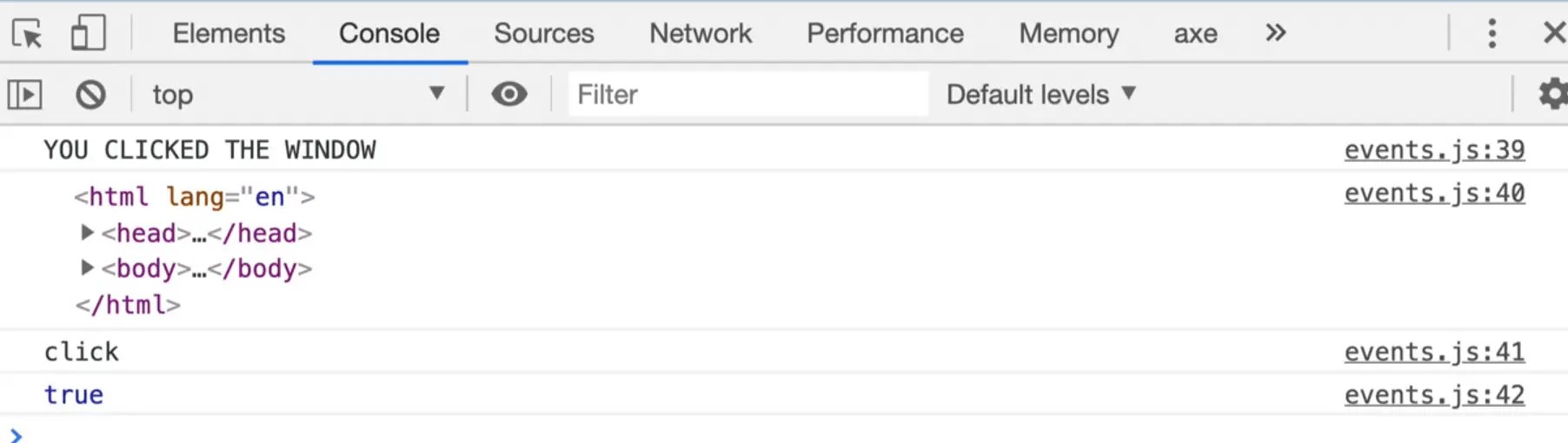 browser console showing clicked window events