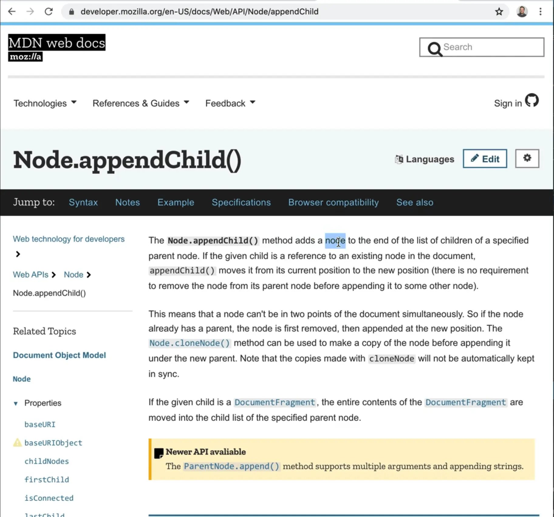 the node.appendChild MDN web docs page