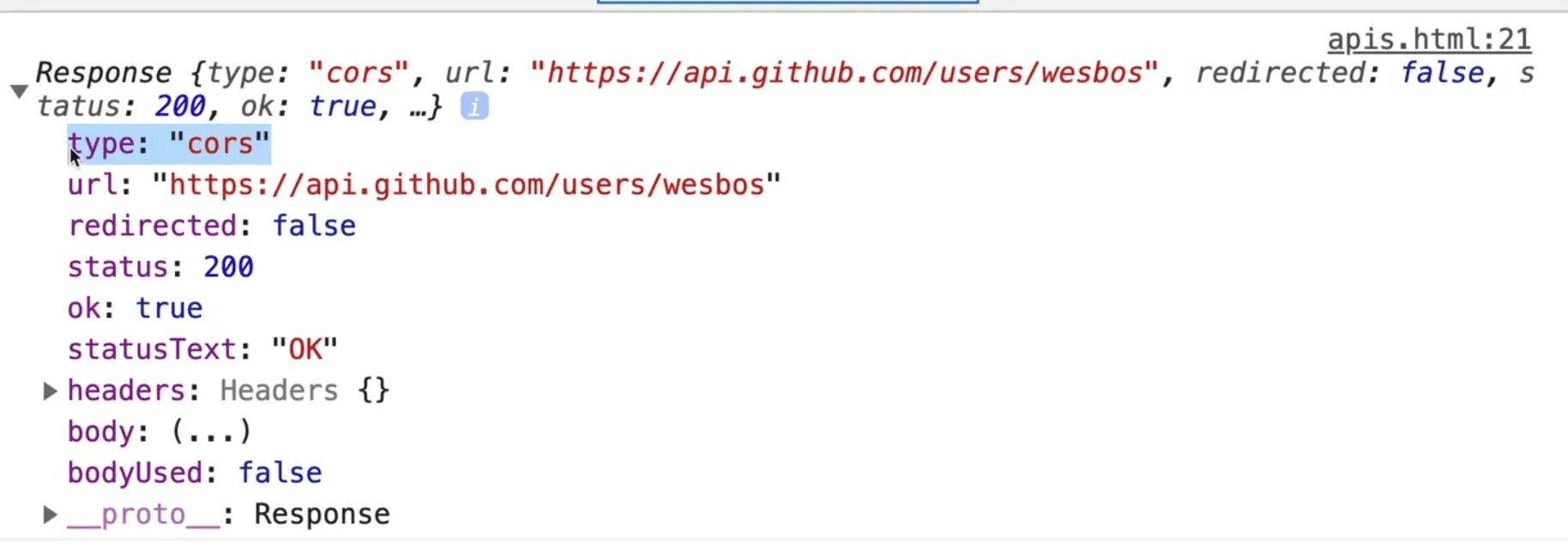 browser console showing response output