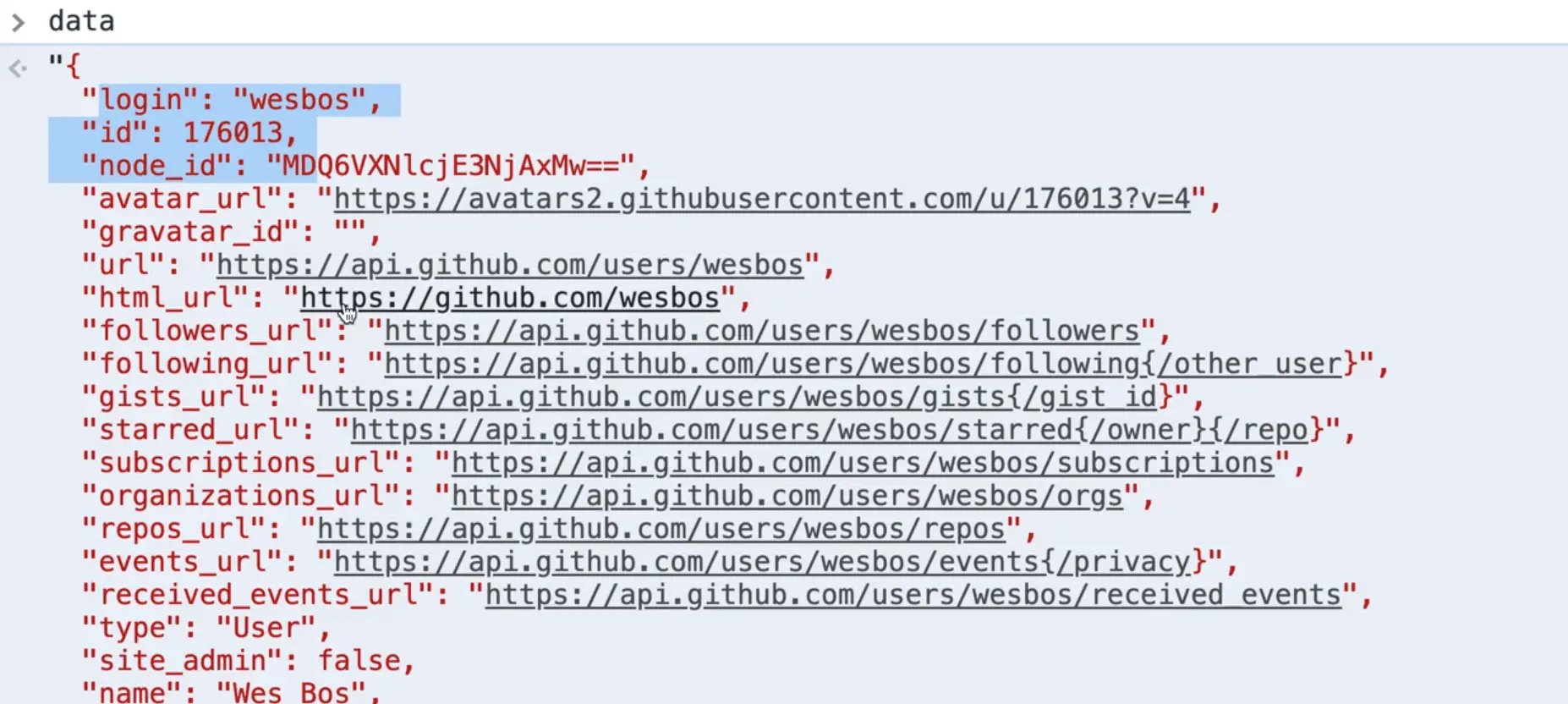 browser console output of 'data'