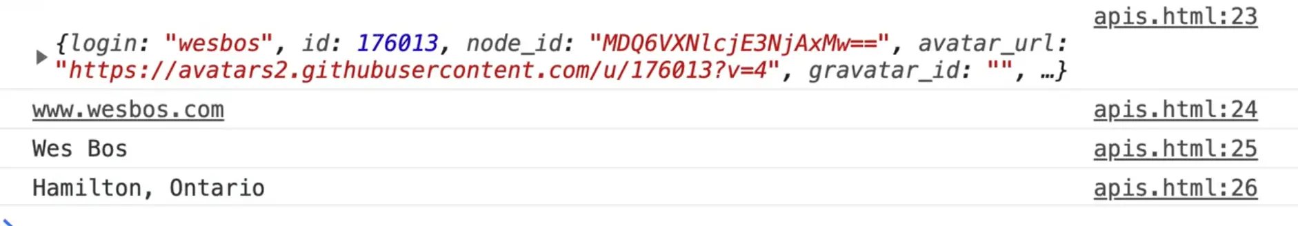 browser console outputting data from an api response
