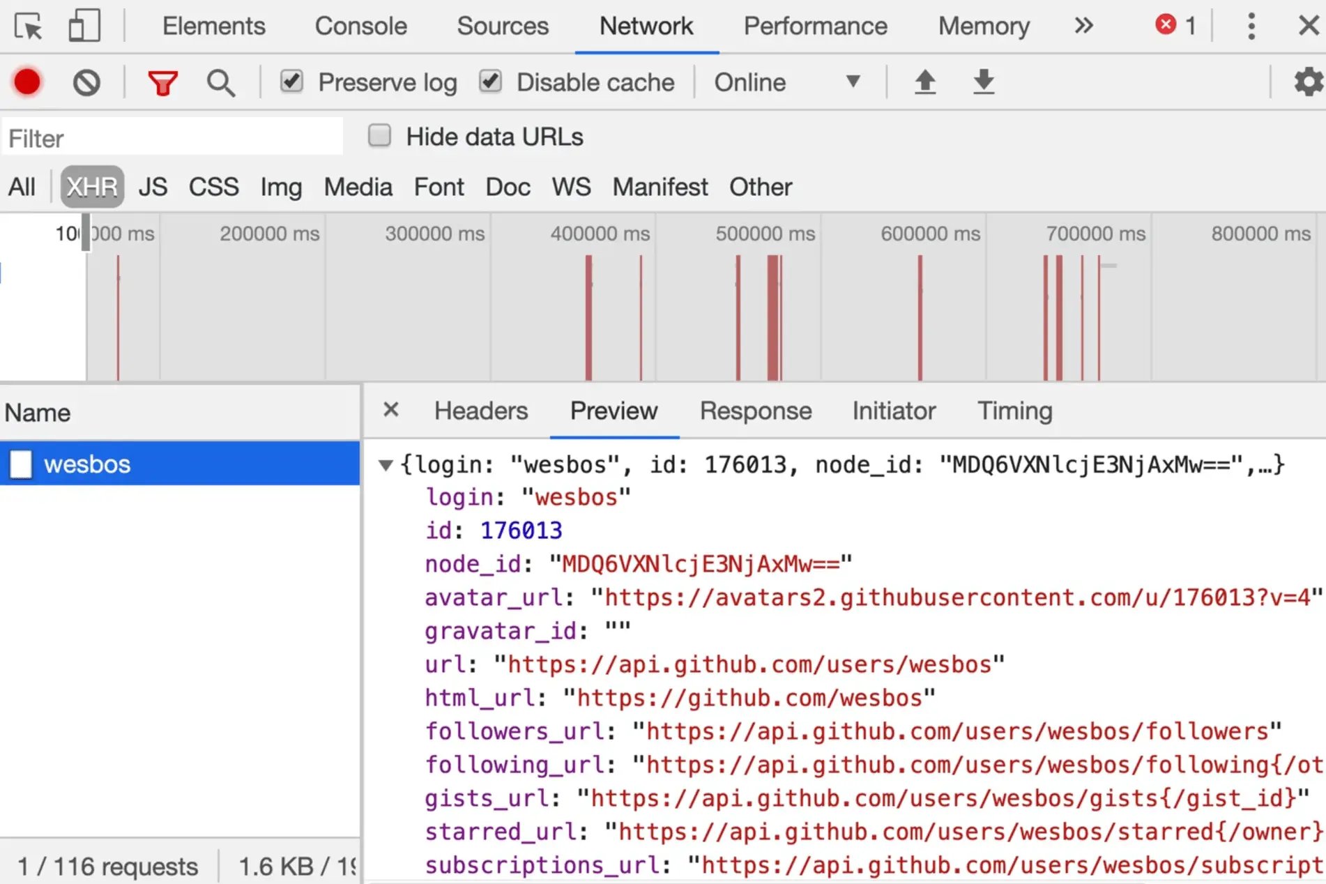 broswer network tab showing filtered out XHR requests