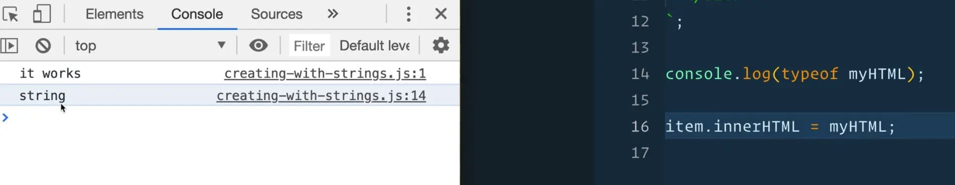 browser console showing output when using typeof