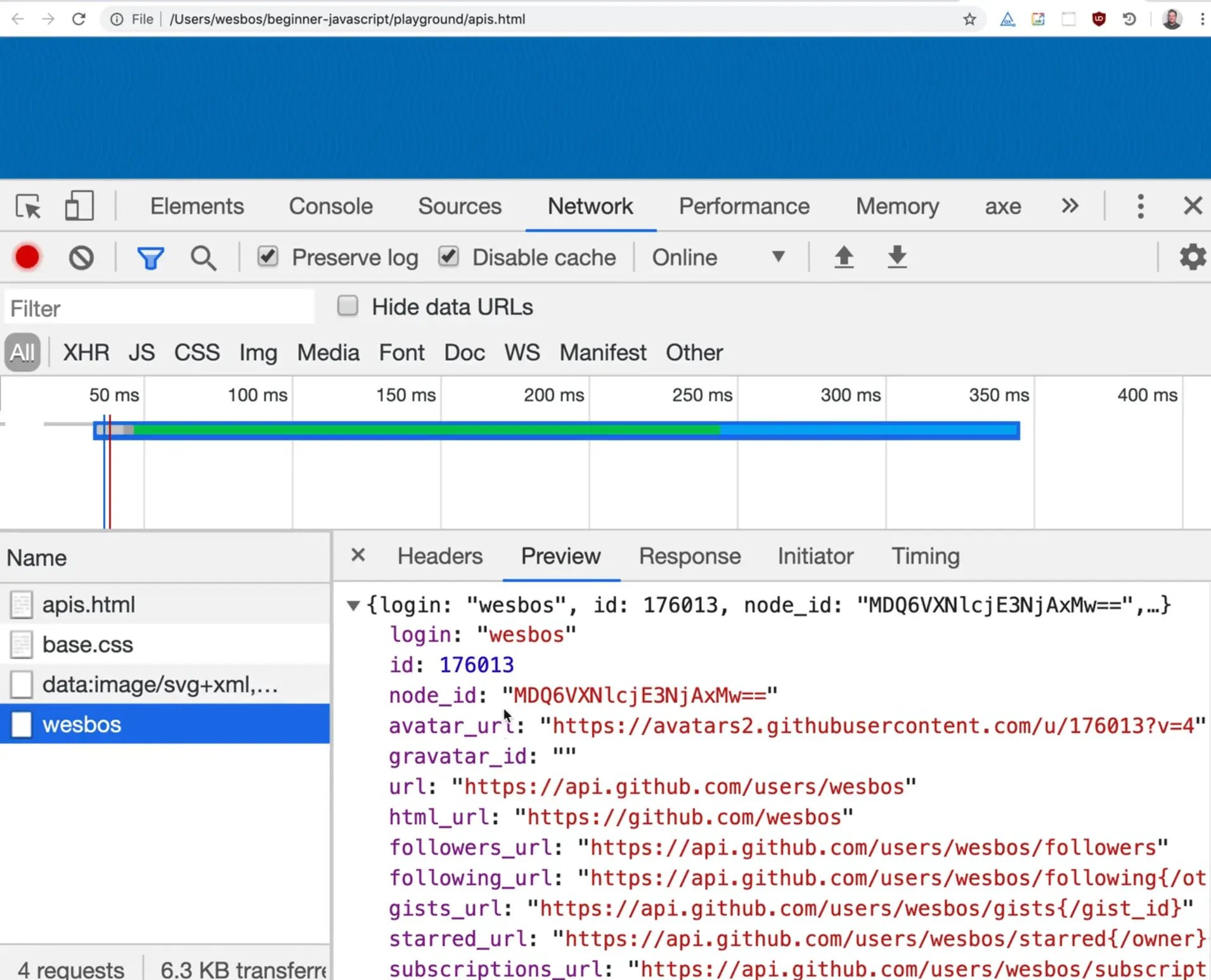 browser network tab showing preview response