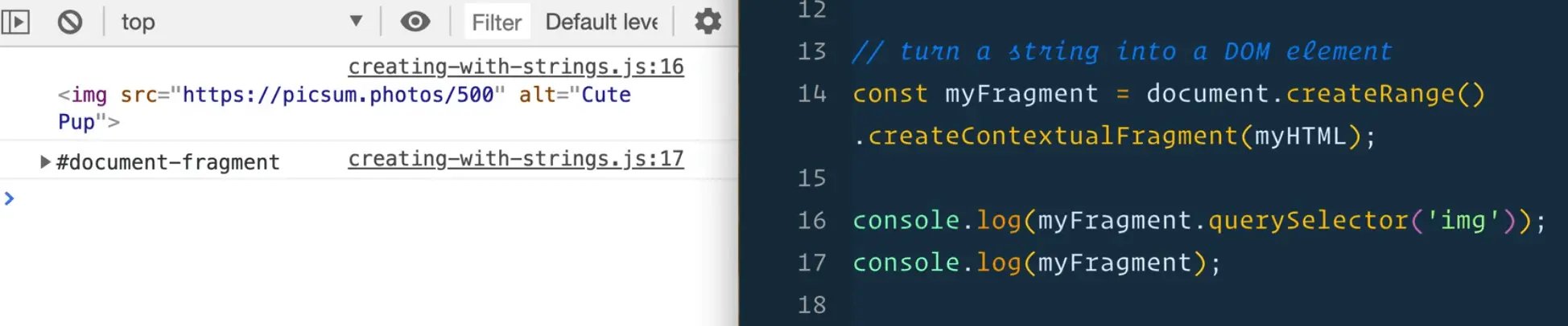 browser console showing logged out img tag from querySelector on fragment created using  .createRange and .createContextualFragment