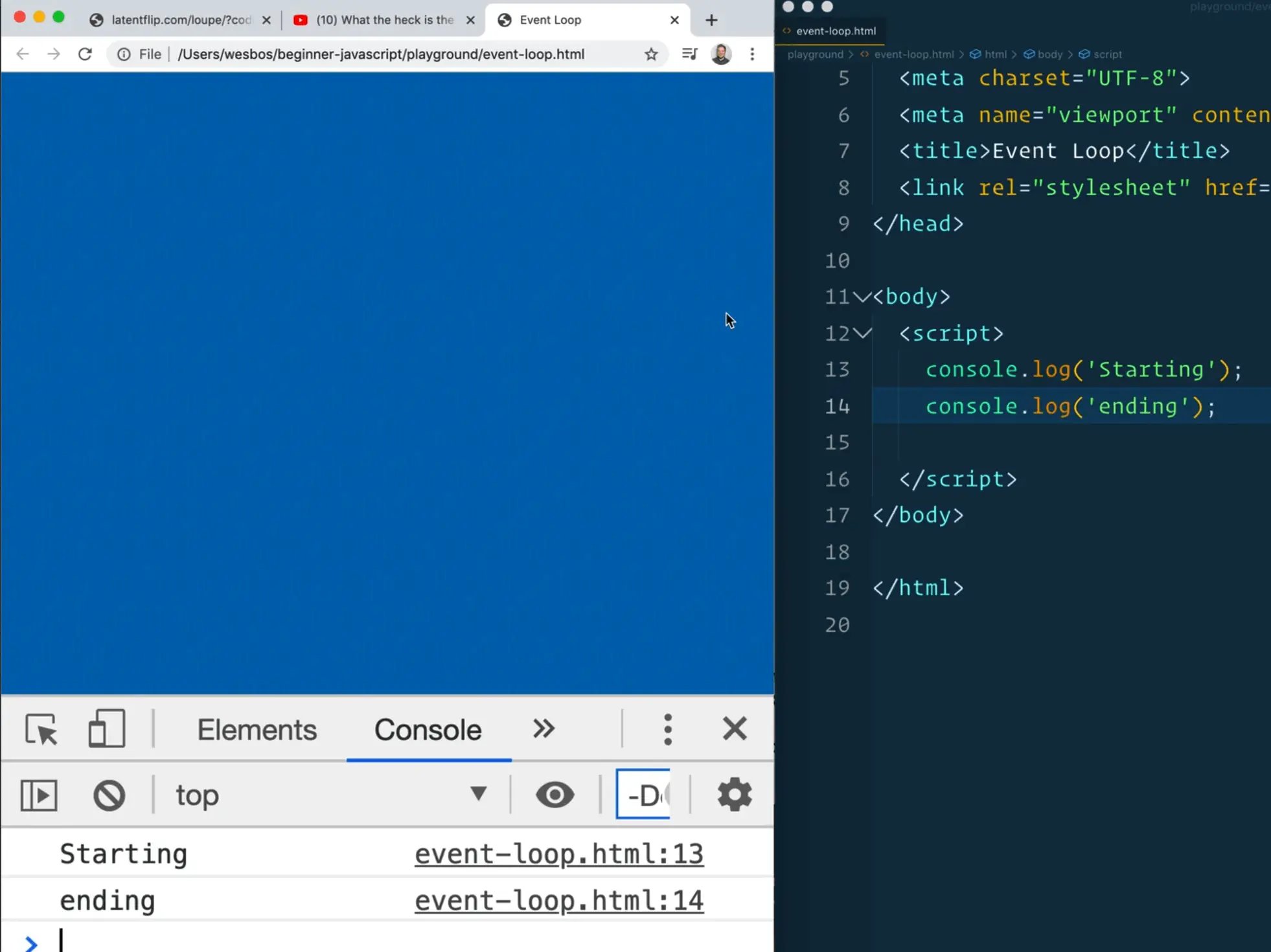 starting and ending logs in console