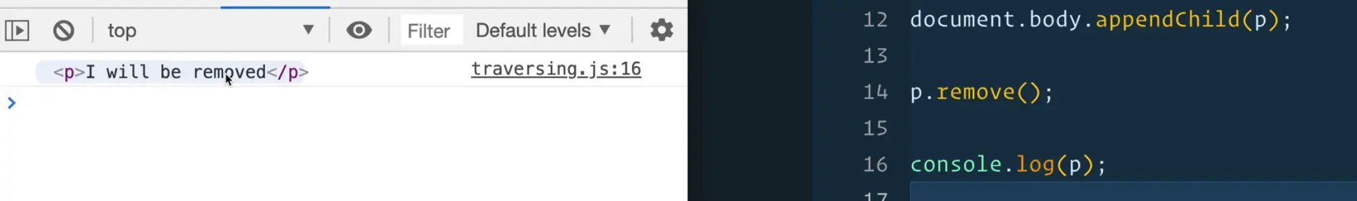 browser console showing a logged out p tag