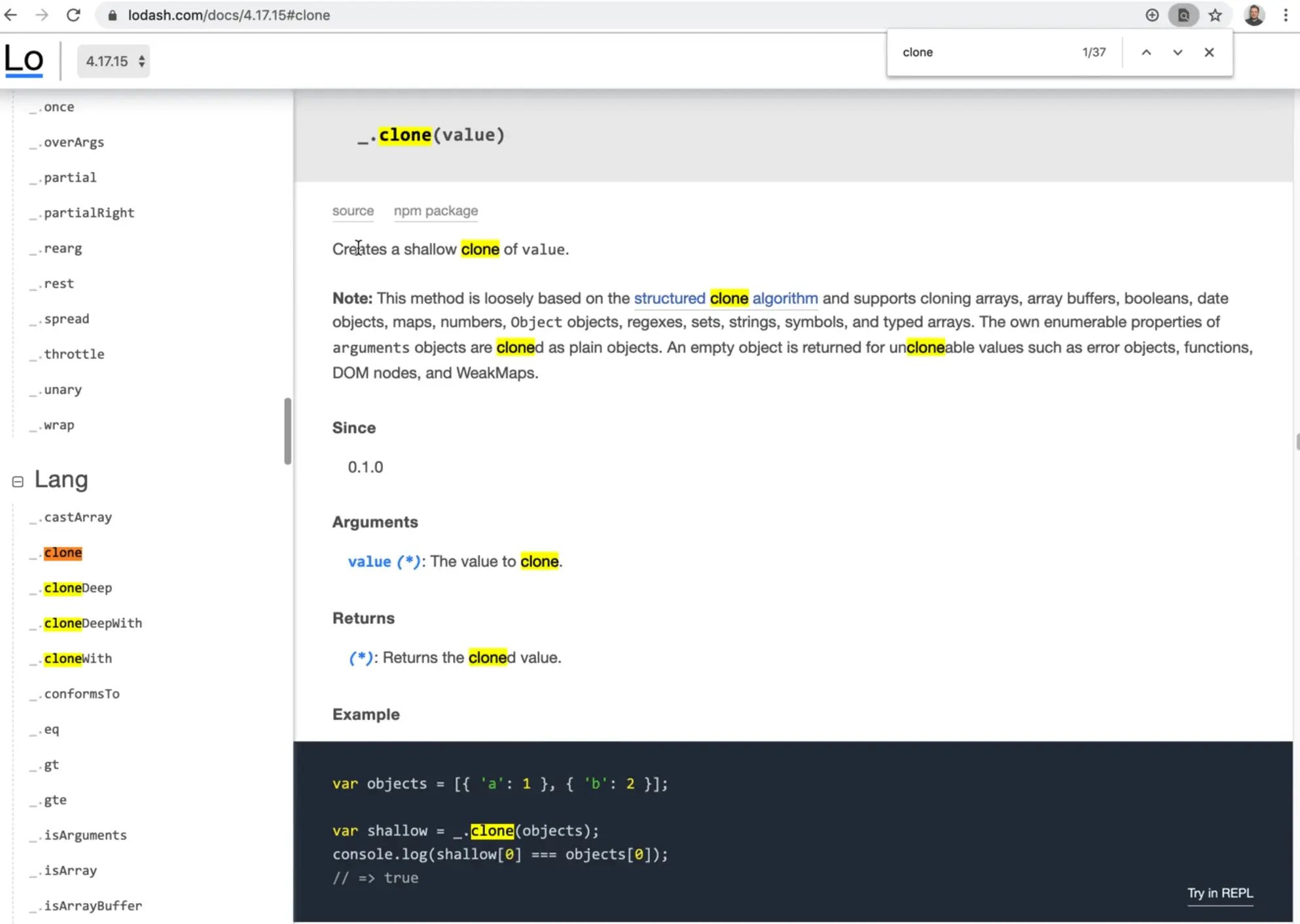 lodash documentation page showing .clone method