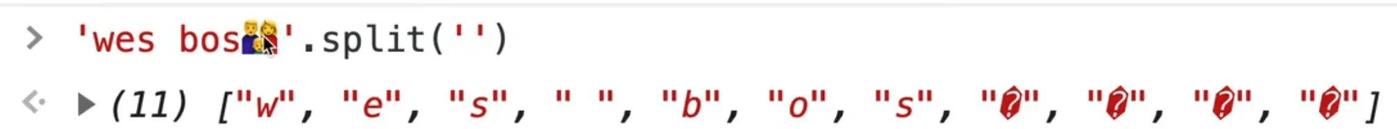 browser console showing string with emoji ran with .split() method