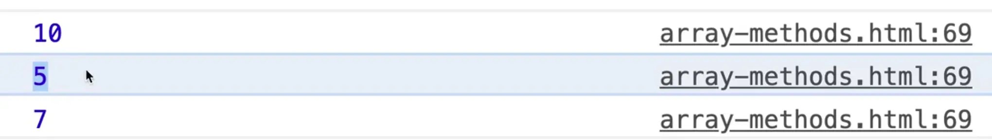 browser console showing array value entries using forEach
