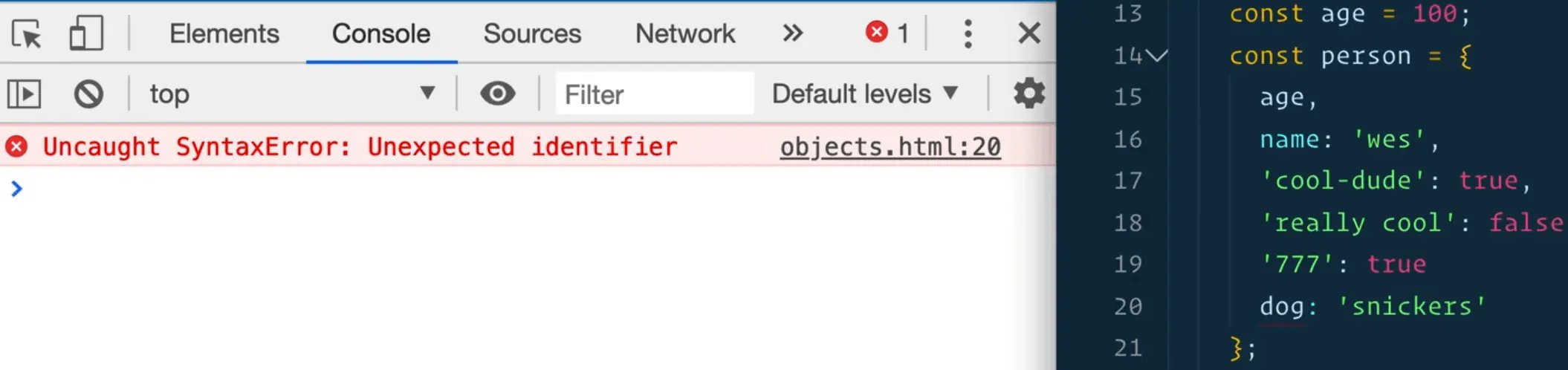 browser console output showing syntax error when you forget trailing comma
