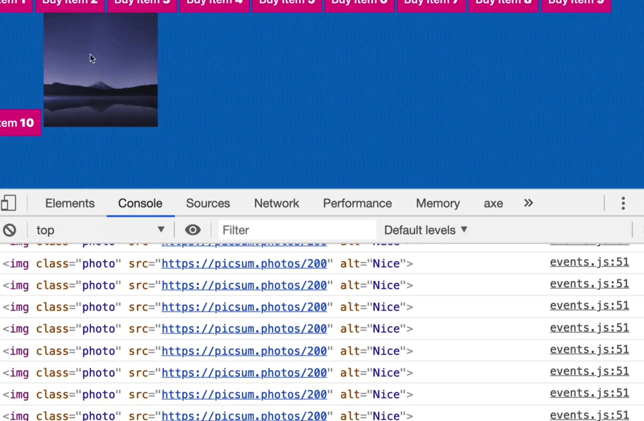 browser console output showing mouseMove events