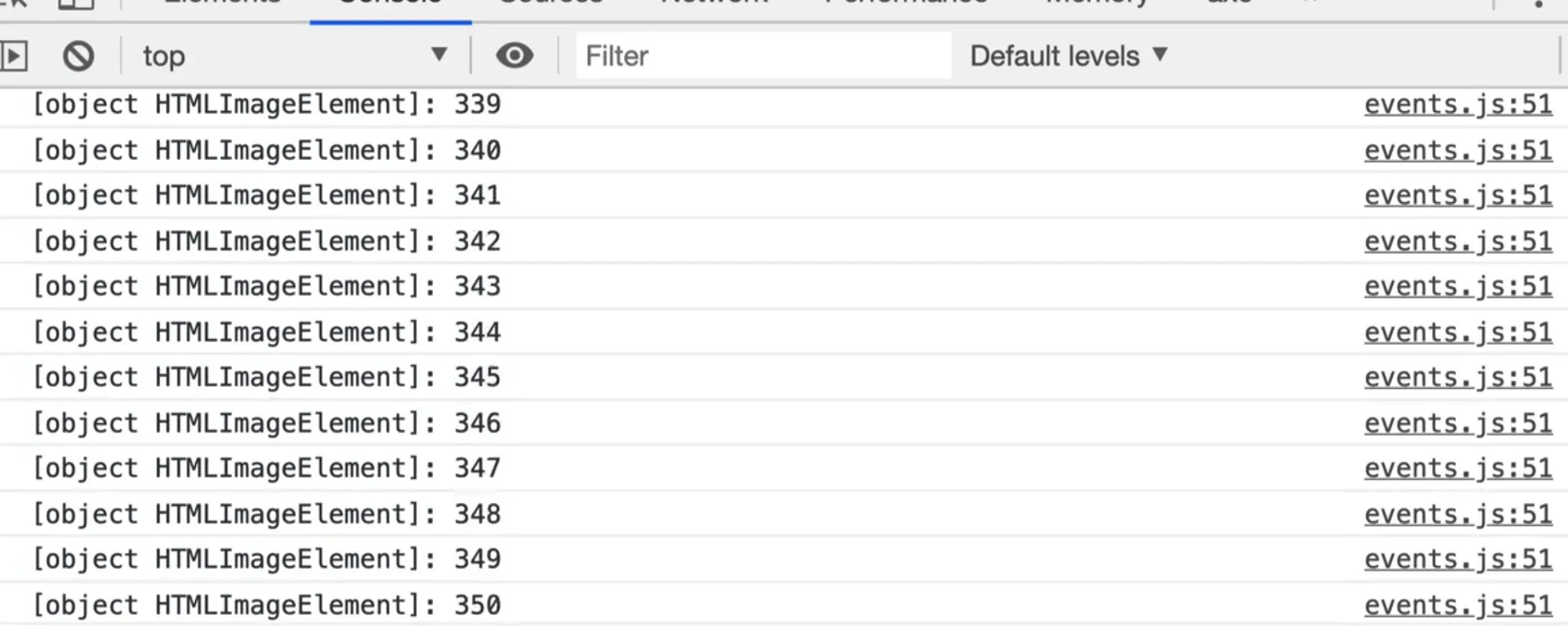 browser console output showing the currentTarget of the mouse