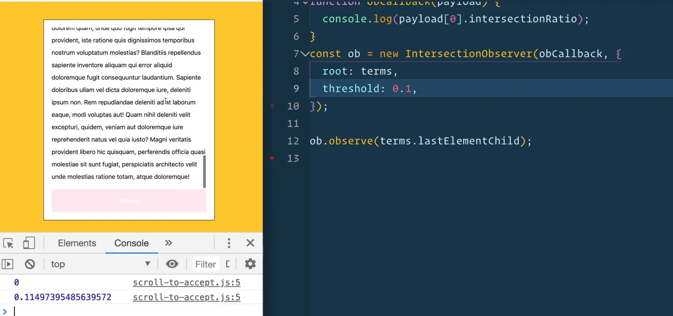screenshot with console showing scroll intersectionRatio logs and editor showing threshold option updated to 0.1