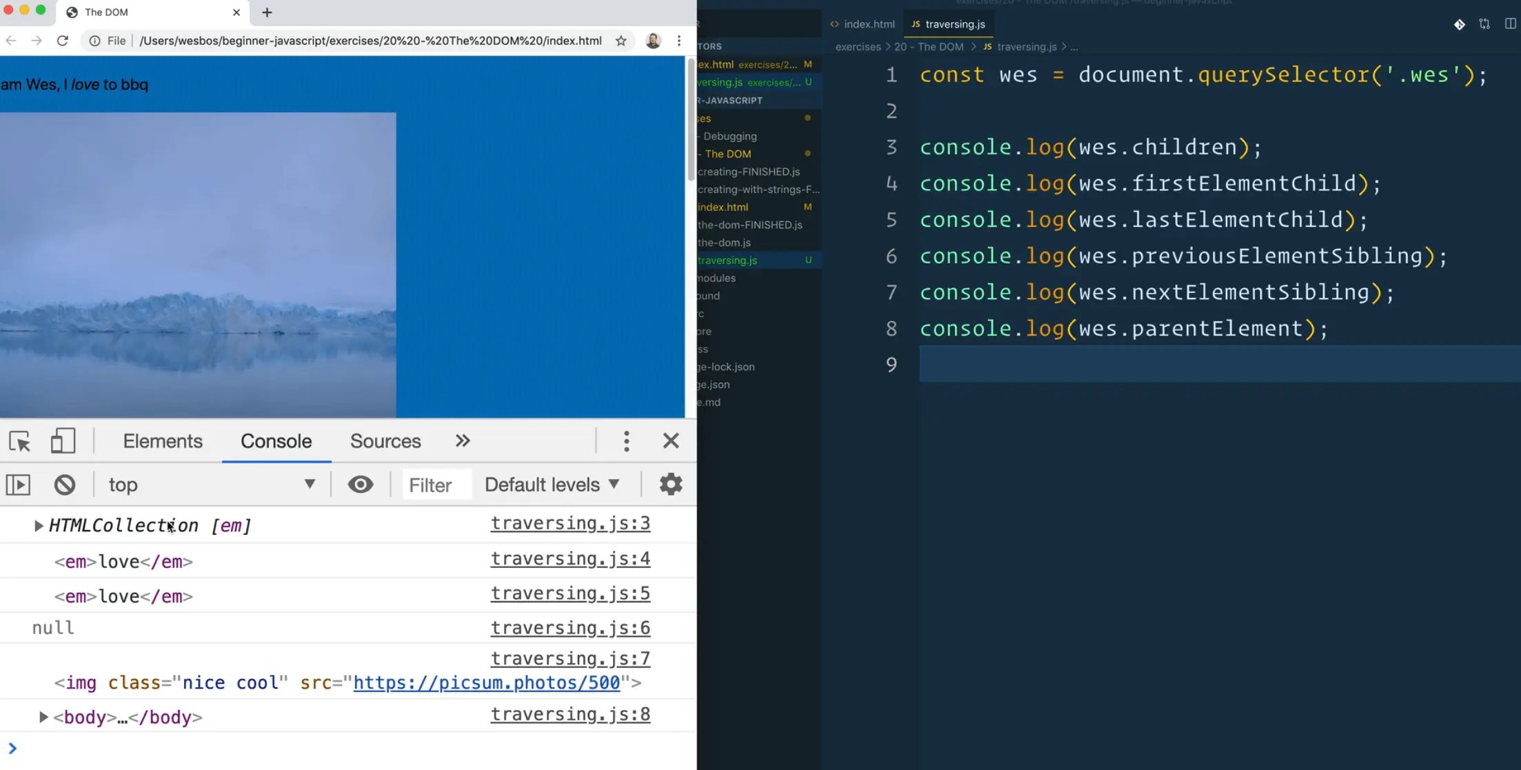 the output of various console logs on a querySelector of .wes