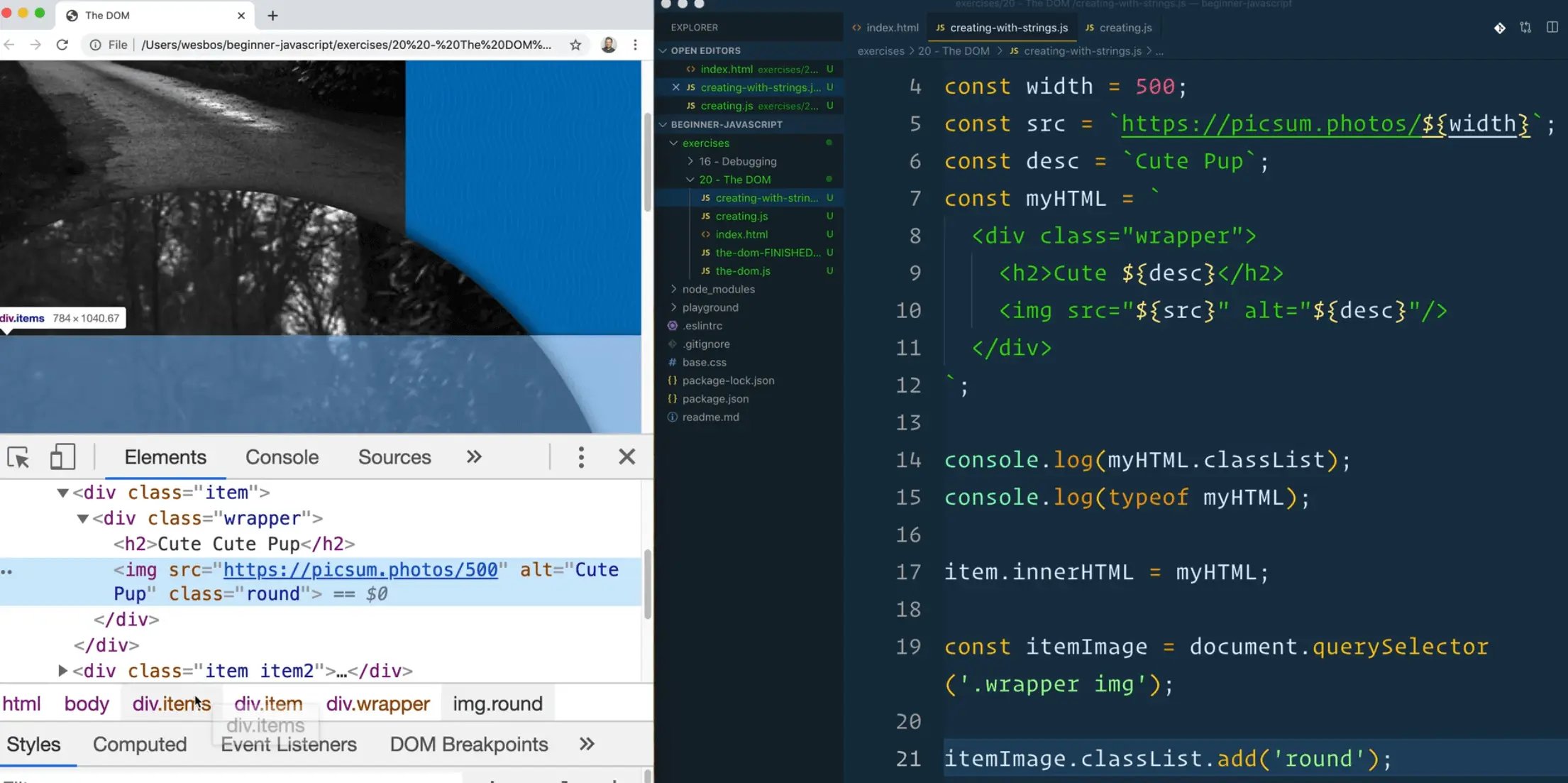 rendered html output of img with attached class that was defined in javascript