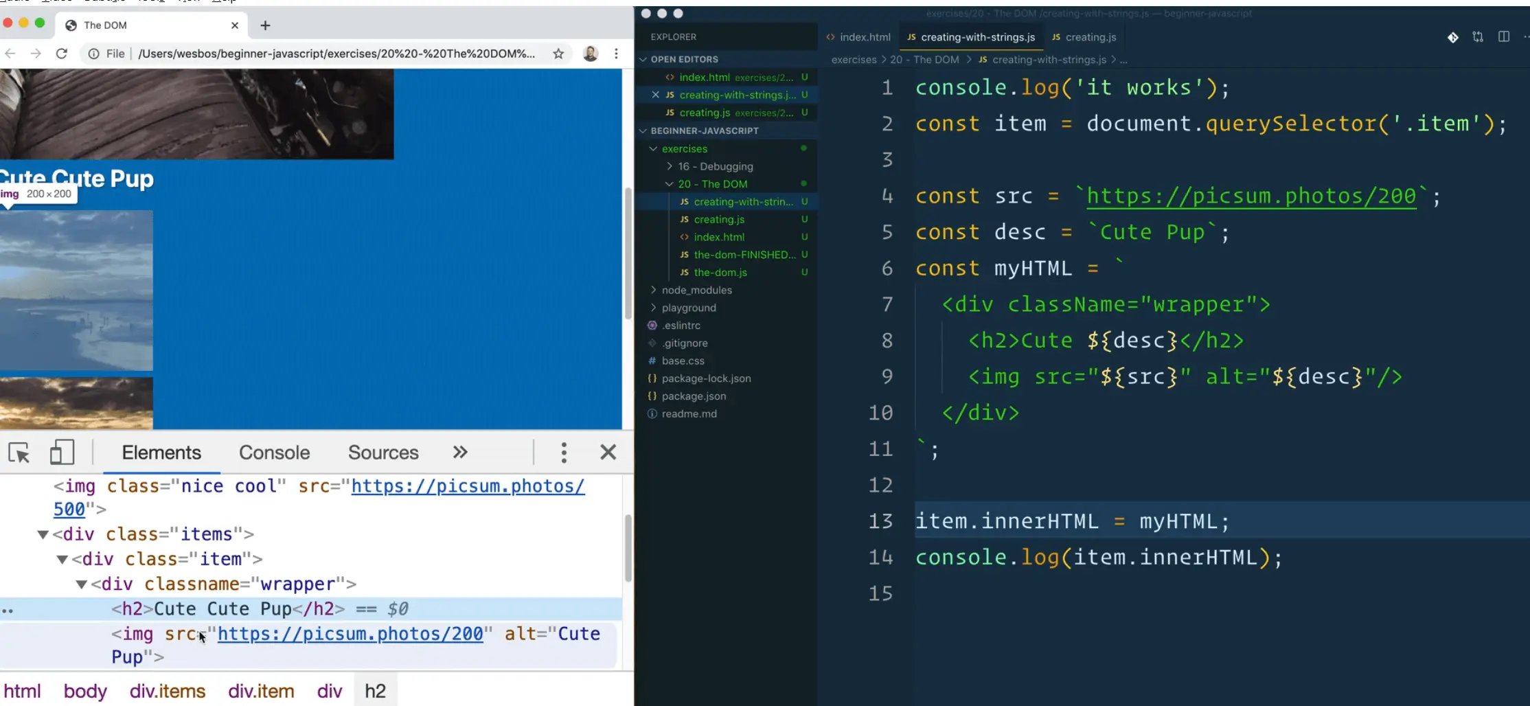 rendered html output matches that which was defined in javascript