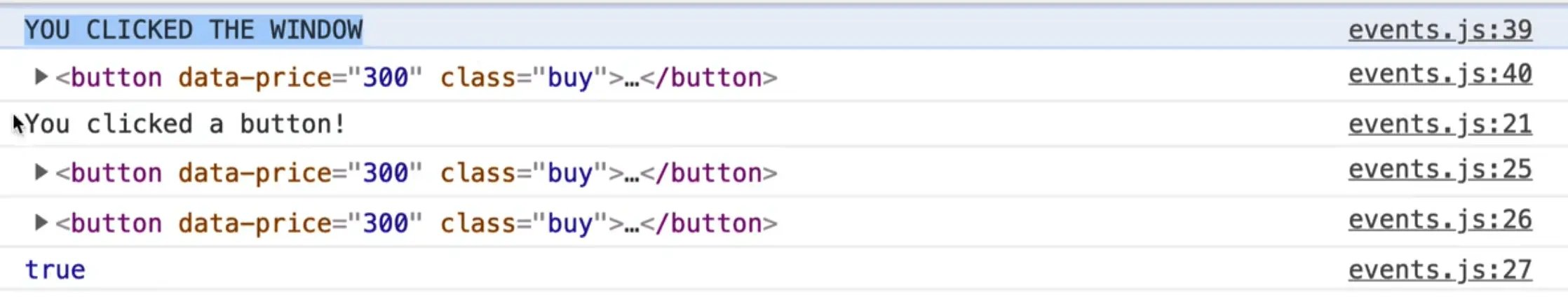 browser console output showing event logs for clicking a window