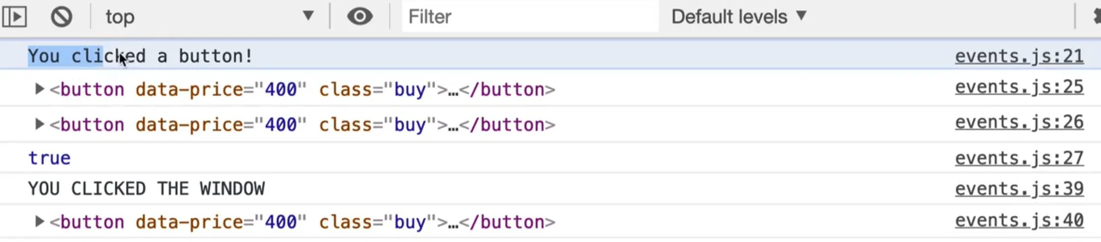 browser console output showing event logs for clicking a button