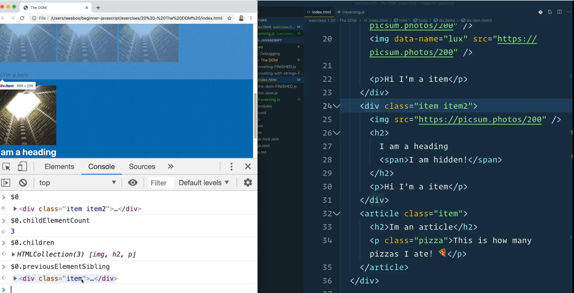 brower console showing output from using $0.previousElementSibling