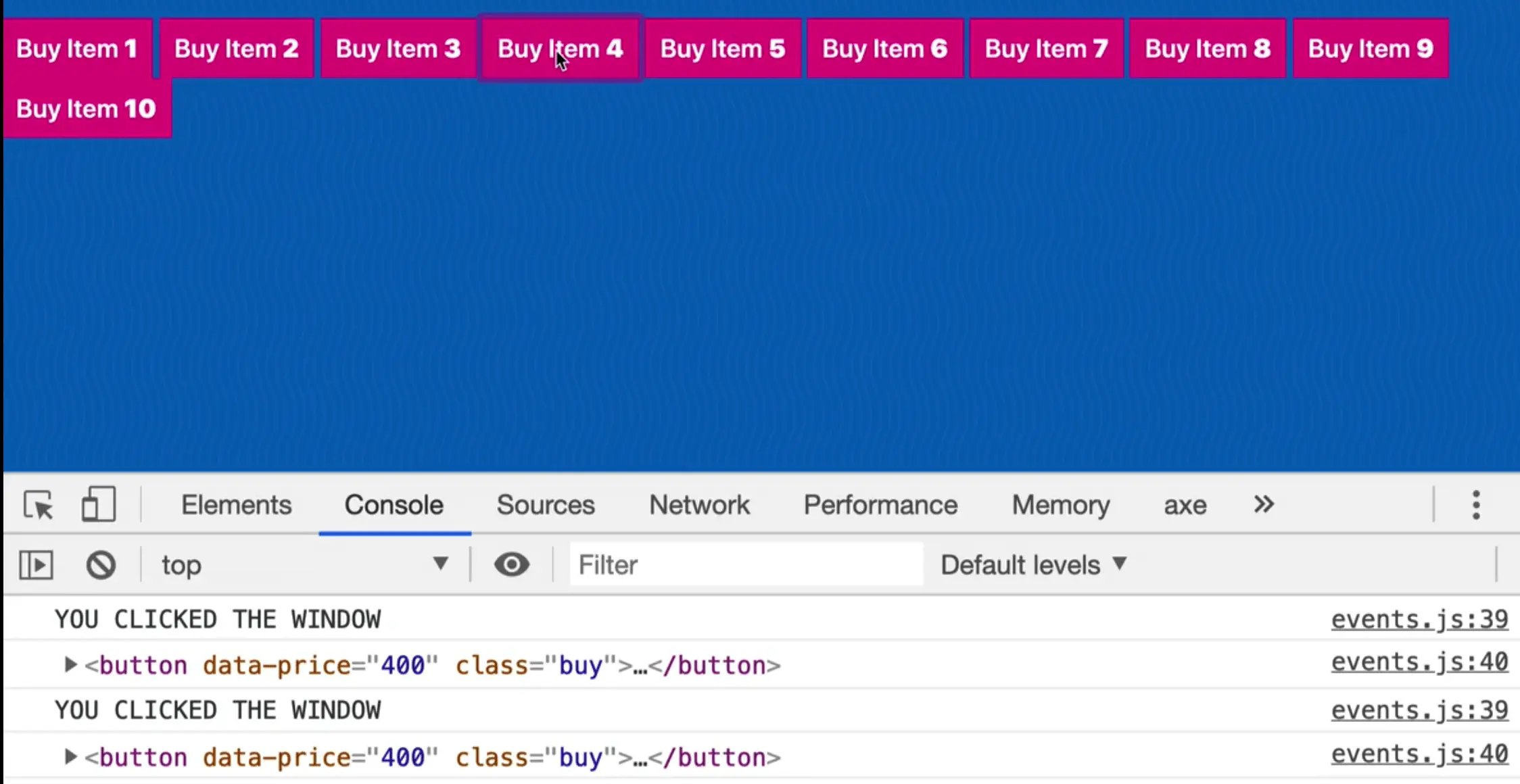 rendered page showing buttons and browser console output showing clicked event logs