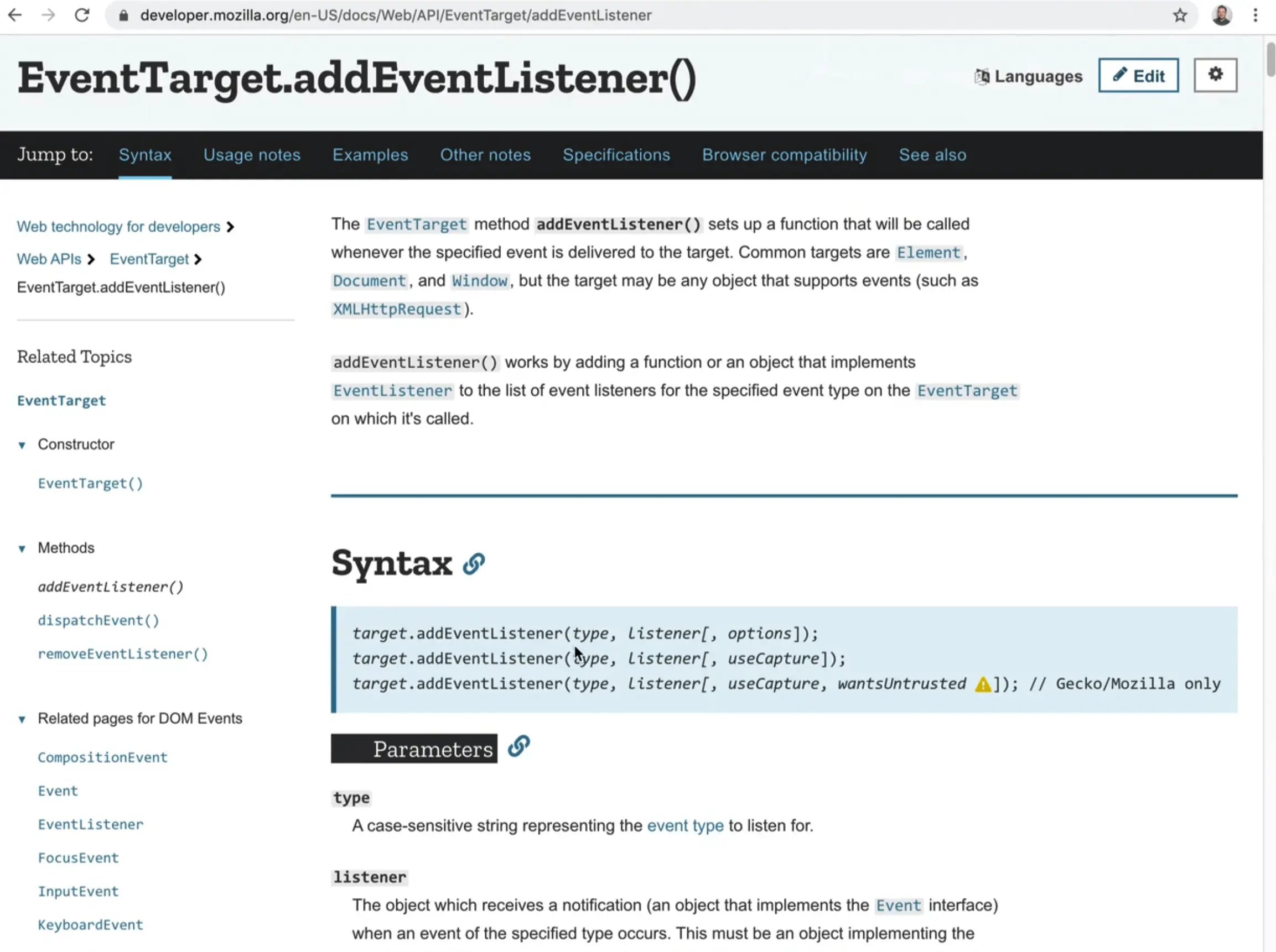 mozilla website screenshot showing .addEventListener information
