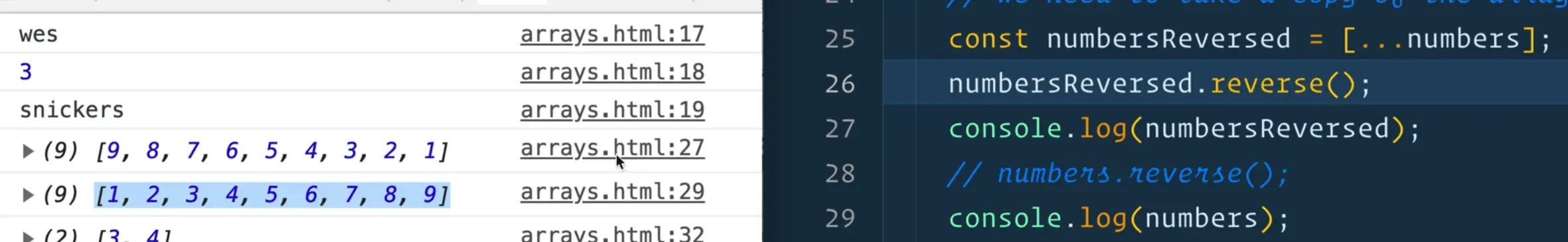 browser console output showing numbers array unaffacted as mutable method is called on numbersReversed array