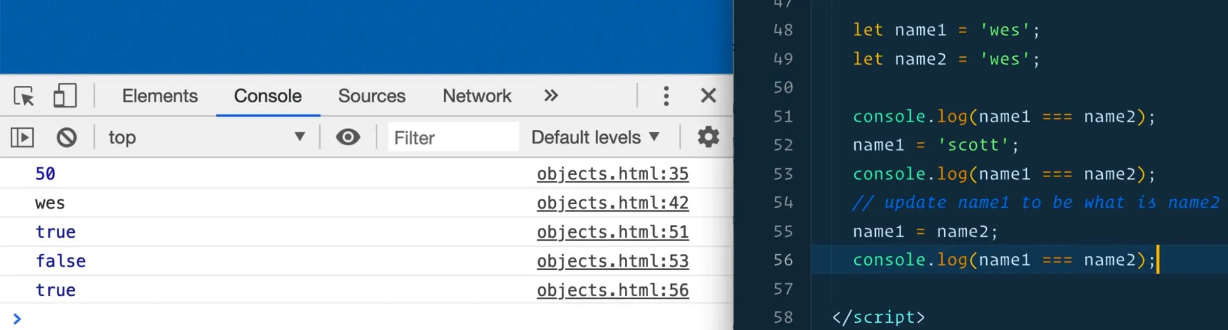 browser console output showing name1 and name 2 value as wes