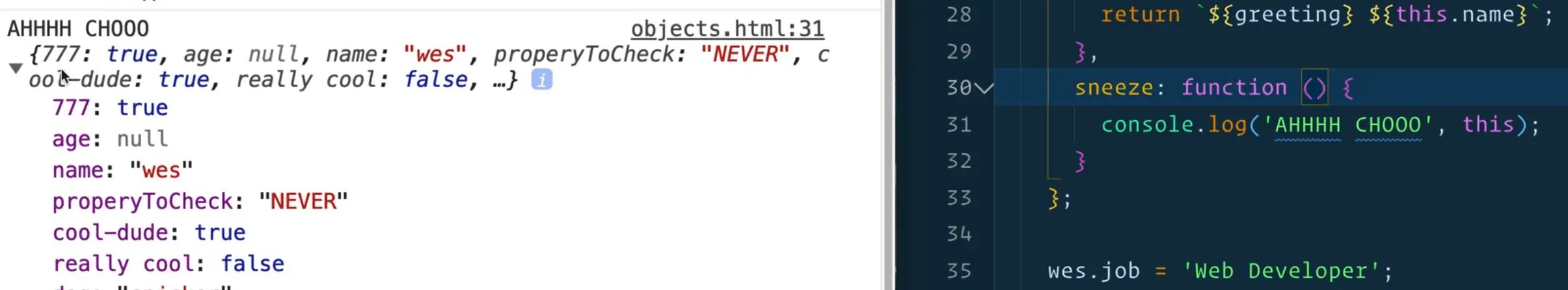browser console output of a regular function method evaluation to javascript object