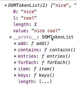 broswer console showing the prototype methods for classList output