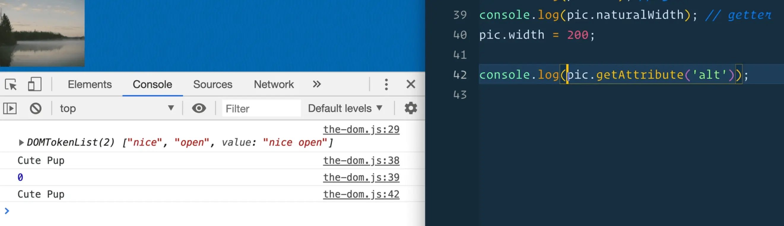 browser console showing the output of .getAttribute